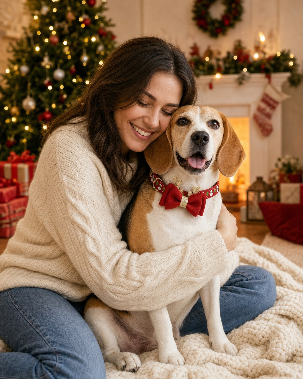 Beagle con el collar navideño de reno Patas de Nieve
