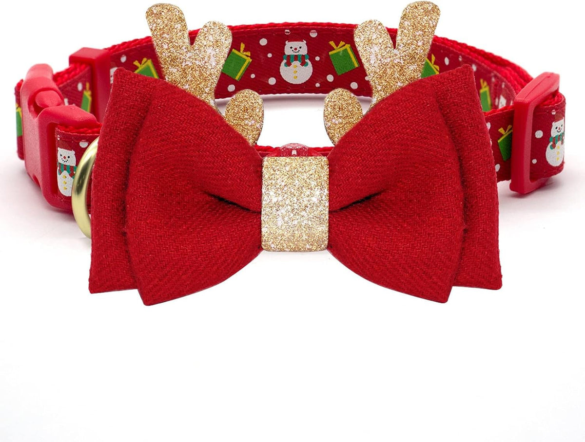 Christmas Dog Collar Adjustable Xmas Dog Collars with Christmas Antler Bow Tie Accessories Snowman Dog Collar for Medium Dogs