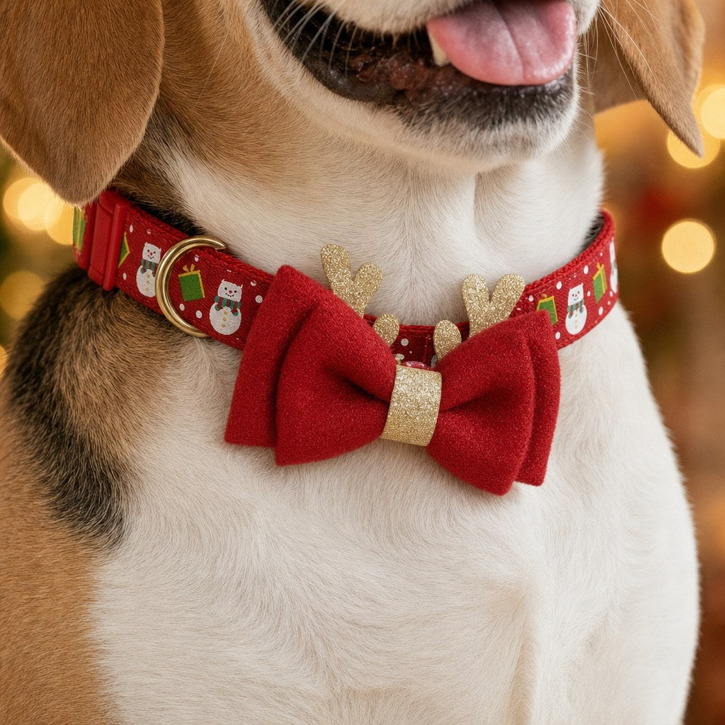 Collar navideño de reno puesto en un beagle