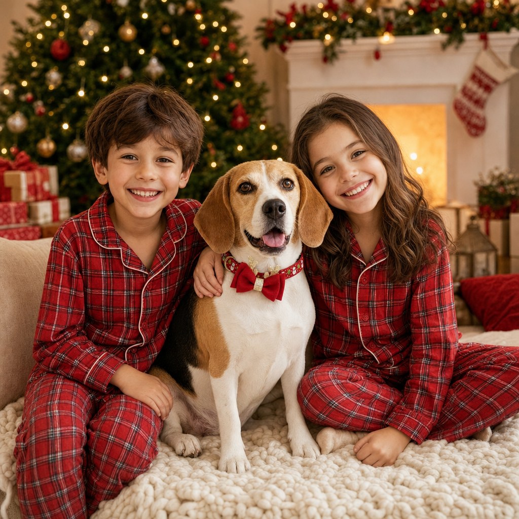 Familia con su beagle y el collar navideño de reno