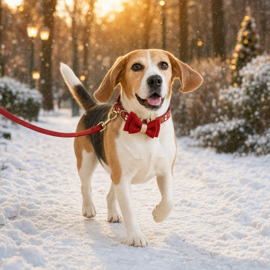 Collar navideño de reno puesto en un beagle