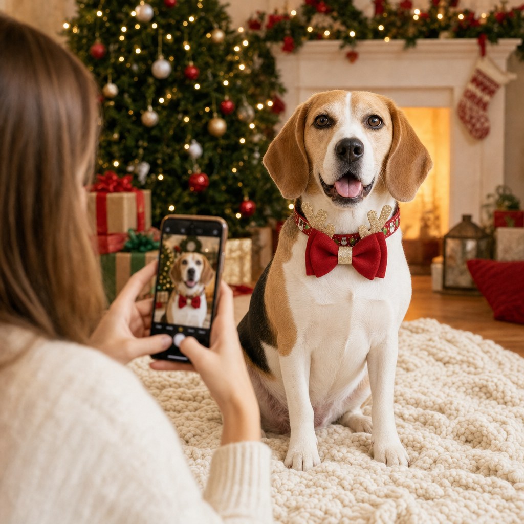 Collar navideño de reno puesto en un beagle